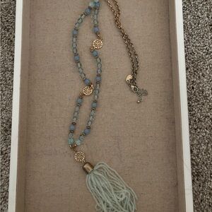 Elegant Gold and Blue Beaded Necklace with Tassel